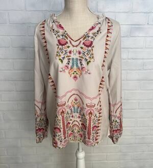 Boho Boutique Women's Tan Western Floral Print Peasant Top Blouse -sz S